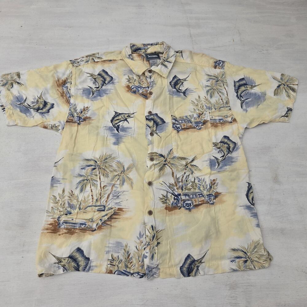 Serrano Mens Size L Hawaiian Shirt Button Up Woody Wagon Sailfish Short Sleeves